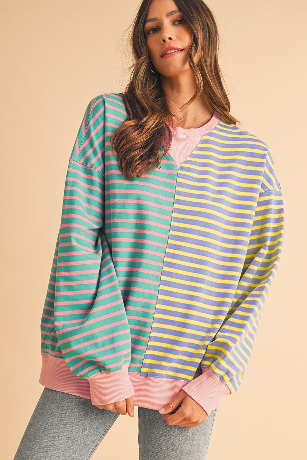 Stripe Colorblock Drop Shoulder Oversized Sweatshirt