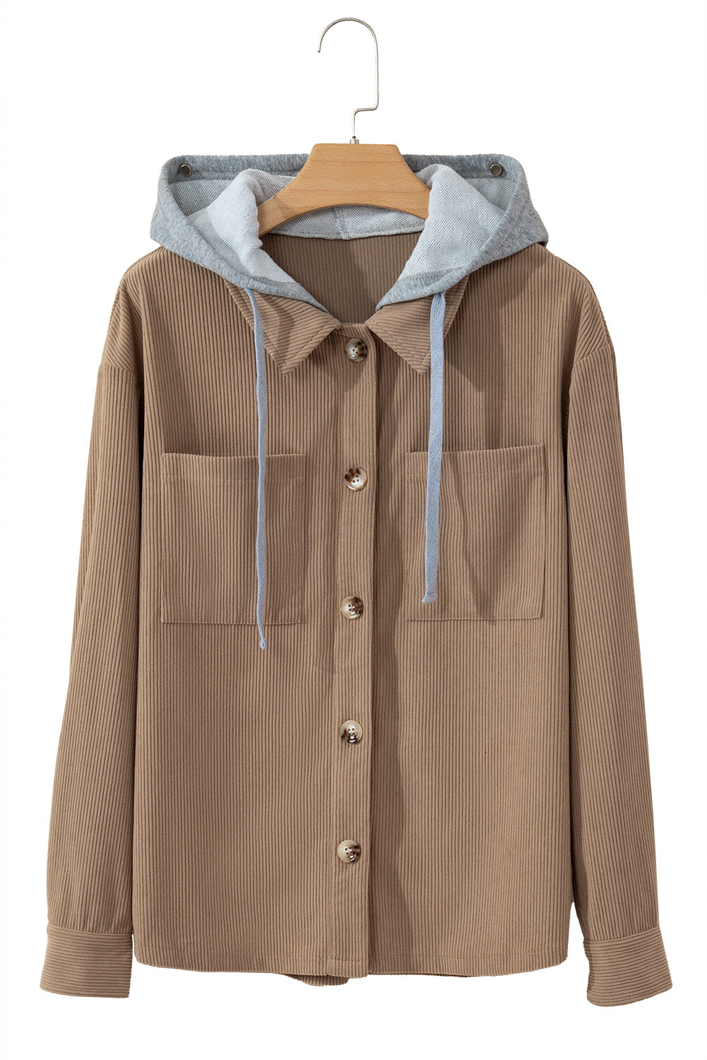 Pale Khaki Pockets Drawstring Hooded Corduroy Shacket