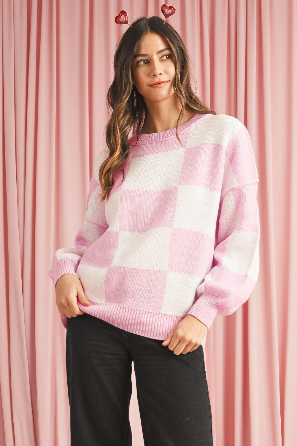 Checkered Bishop Sleeve Pullover Sweater