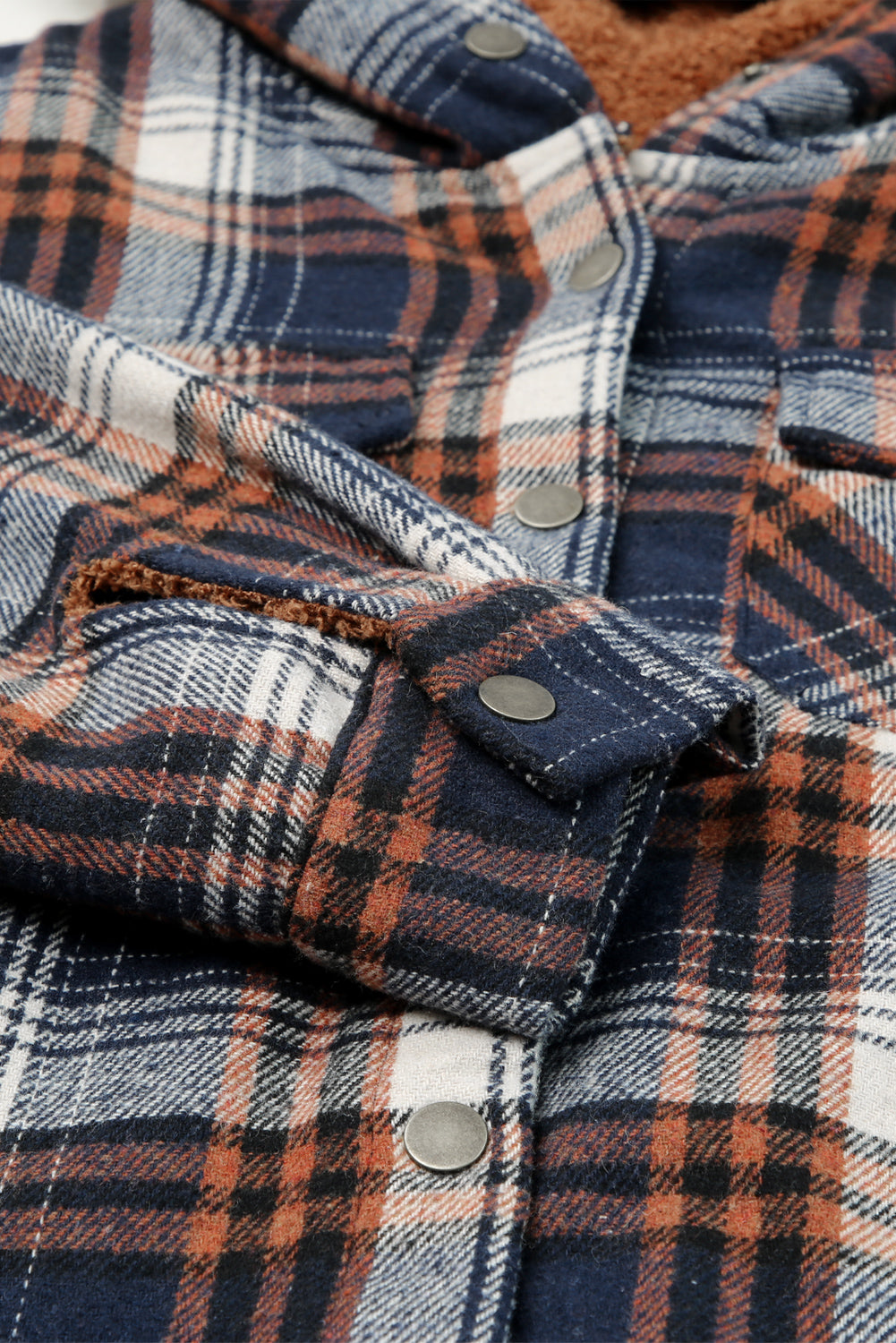 Snap Button Sherpa Lined Hooded Flannel Jacket