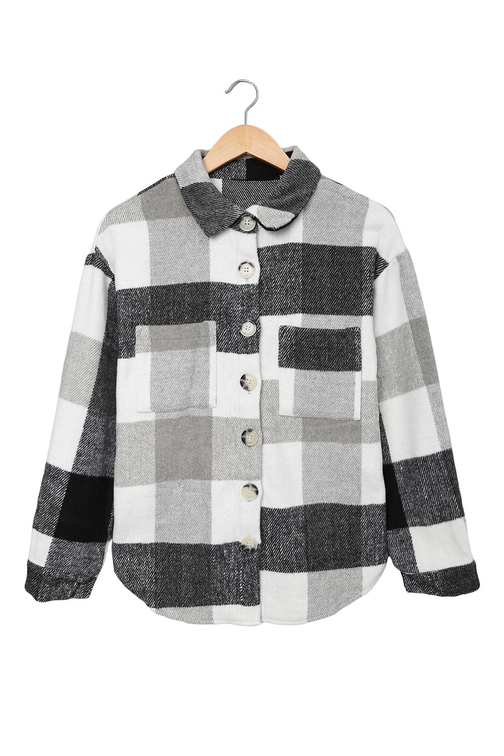 Grey Plaid Color Block Pockets Buttoned Shacket