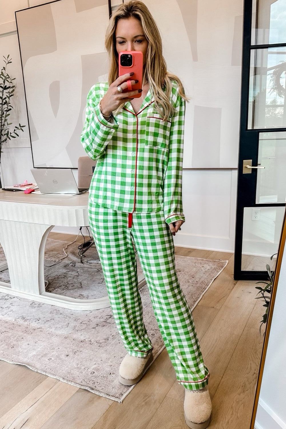 Plaid Print Shirt and Drawstring Pants Pajama Set