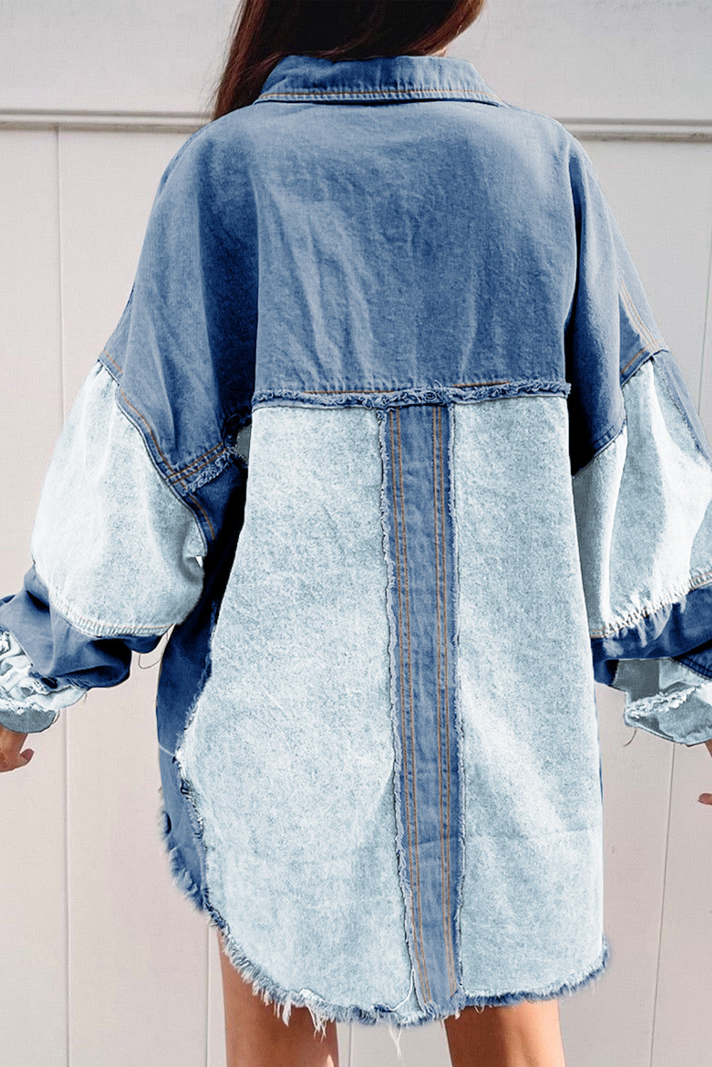 Patchwork Raw Hem Oversized Denim Shacket