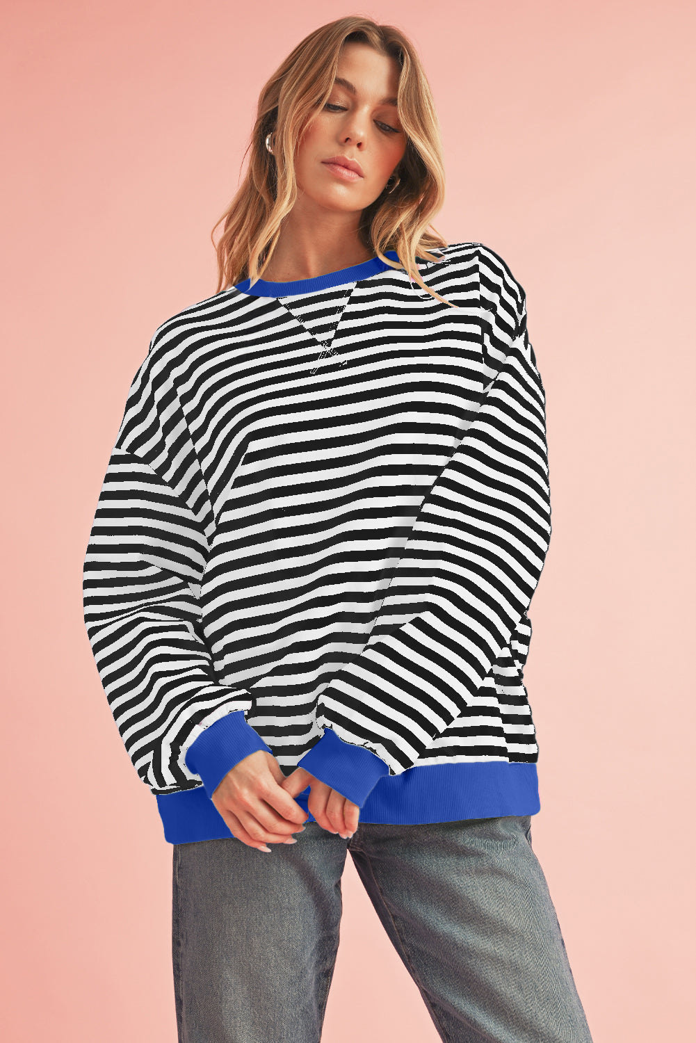 Red Stripe Contrast Edge Oversized Pullover