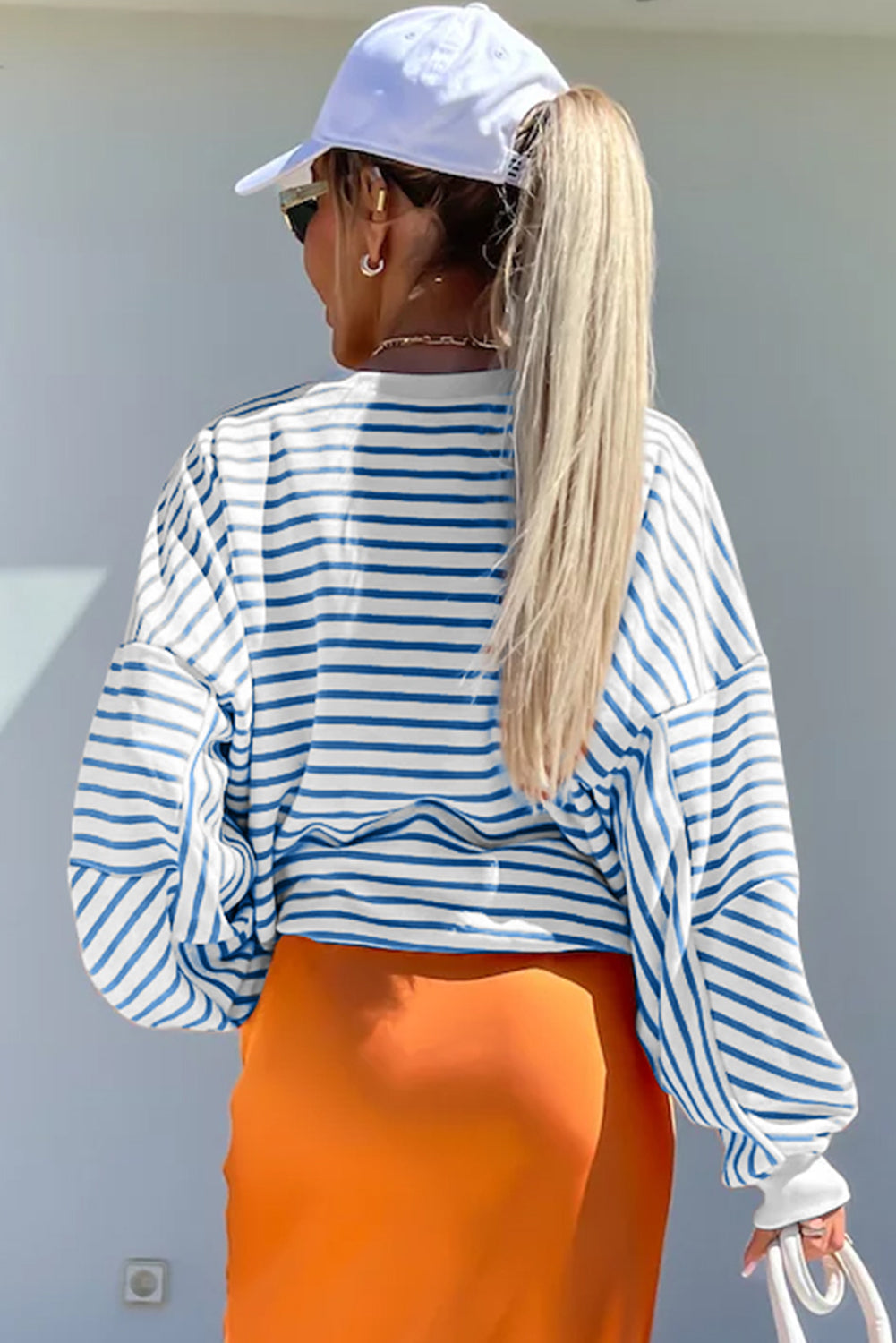 Orange Stripe Drop Shoulder Crew Neck Loose Sweatshirt