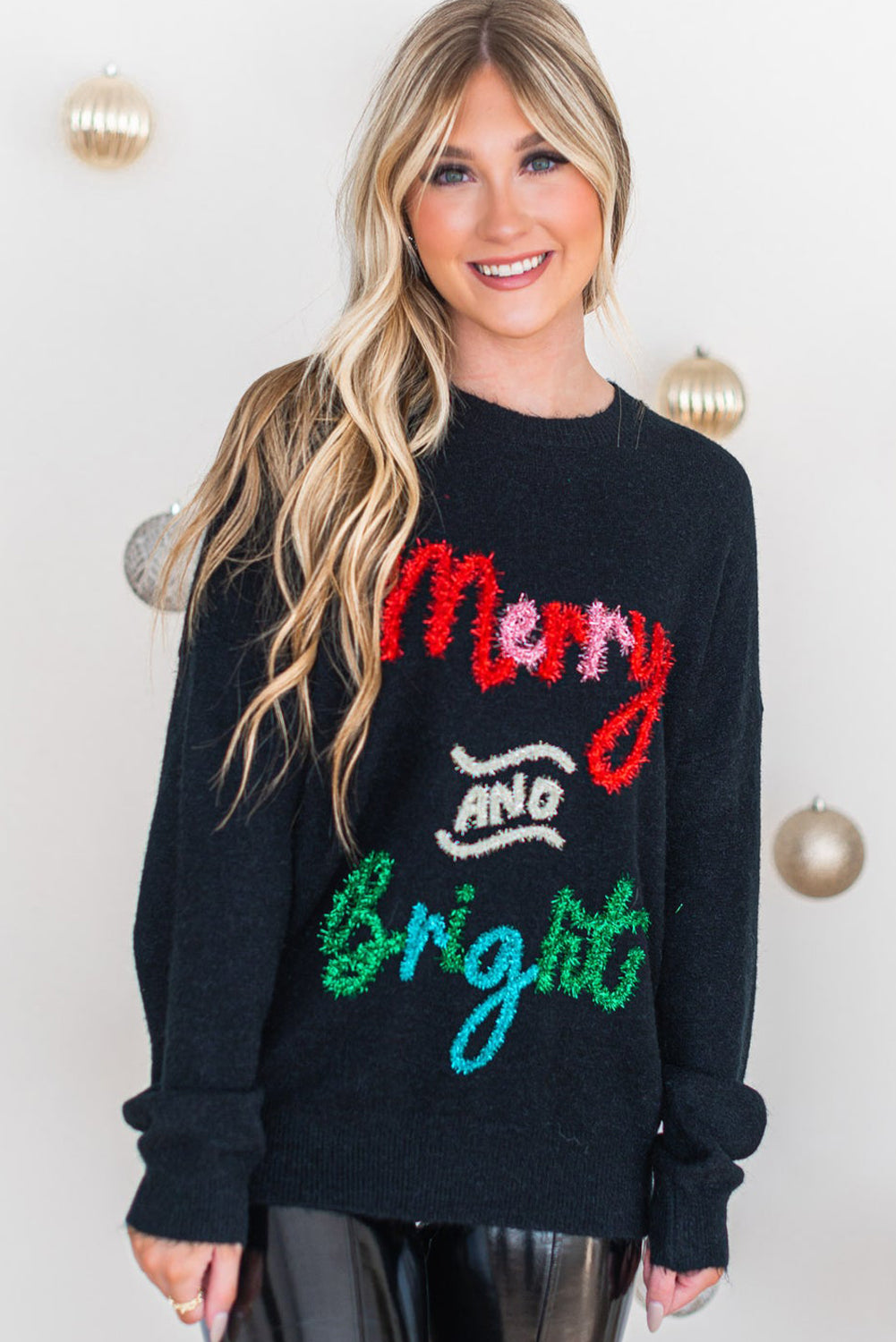 White Christmas Tinsel Merry and Bright Graphic Sweater