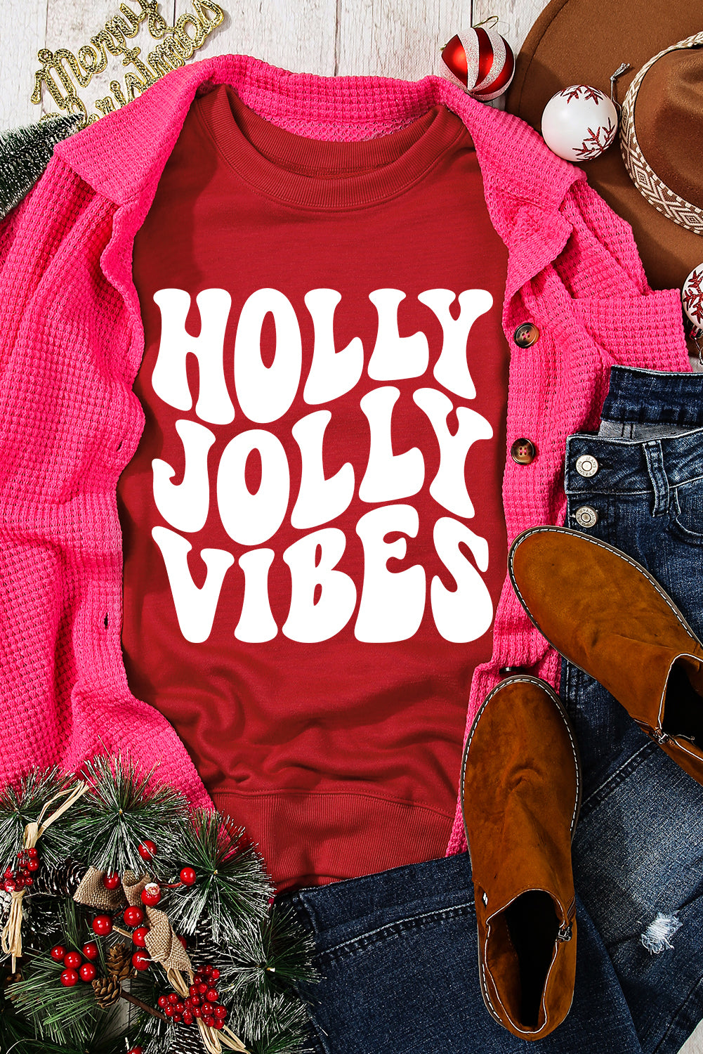 Red HOLLY JOLLY VIBES Graphic Crewneck Christmas Sweatshirt