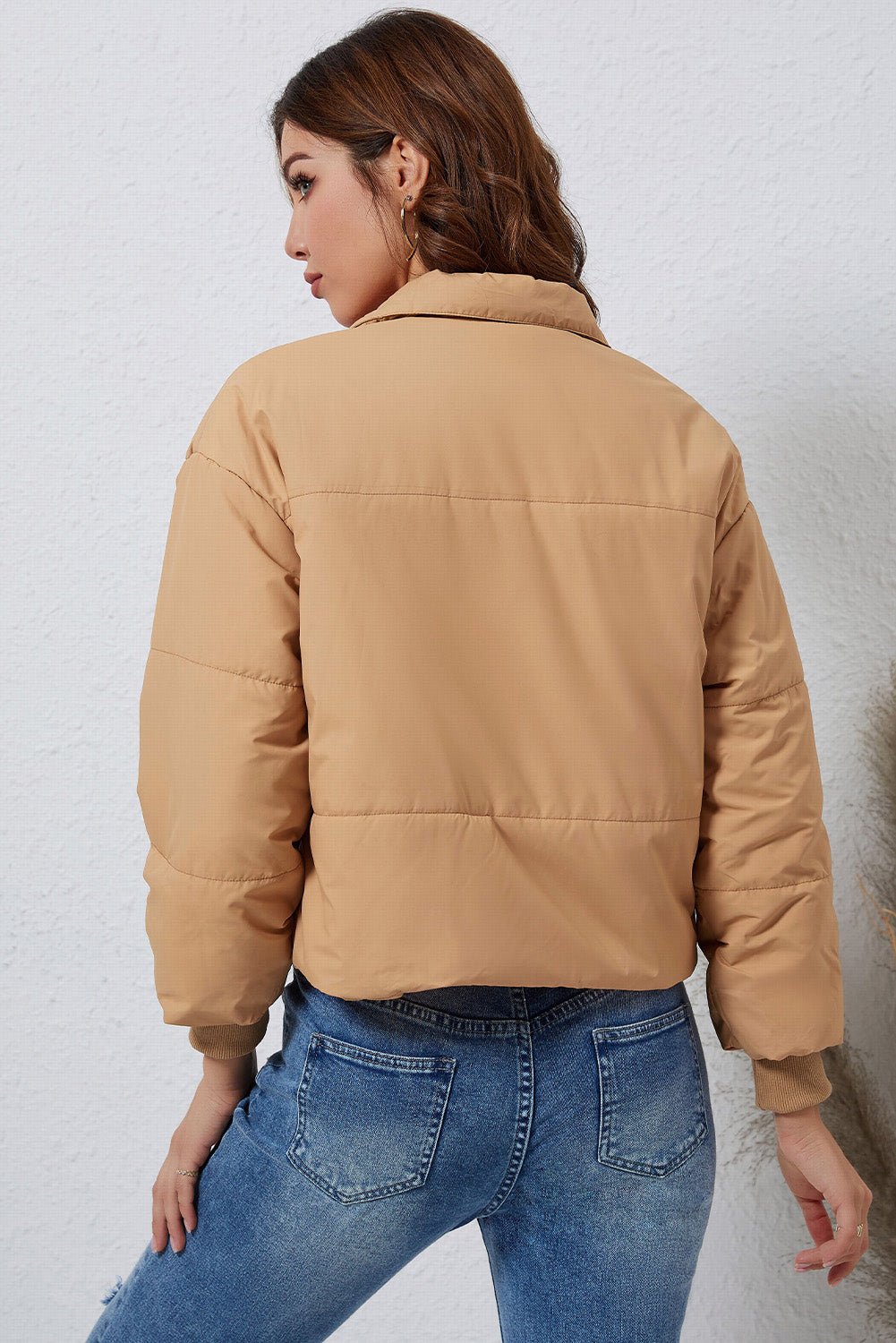 Brown Solid Zip Up Pocketed Puffer Coat