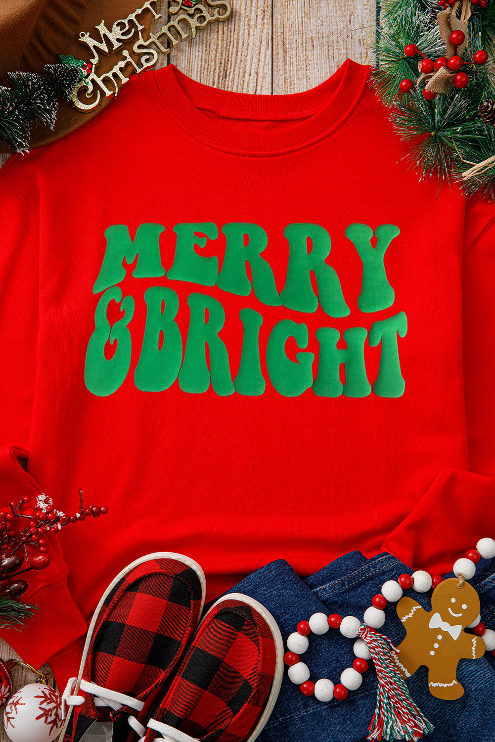 Red MERRY BRIGHT Drop Shoulder Crewneck Sweatshirt