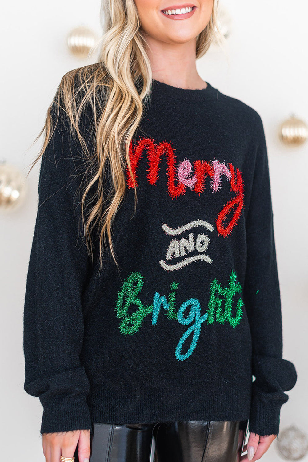 White Christmas Tinsel Merry and Bright Graphic Sweater