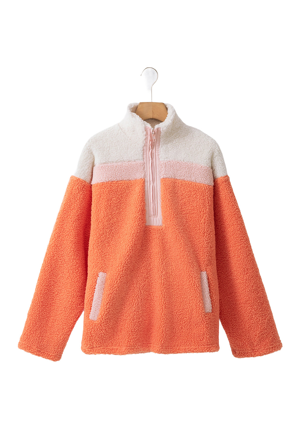 Orange Colorblock Zipper Stand Neck Sherpa Sweatshirt