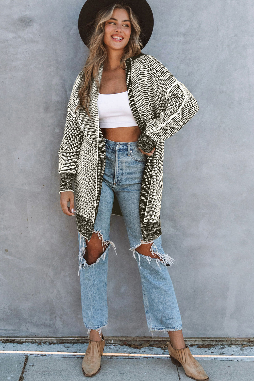 Contrast Trim Casual Knit Cardigan