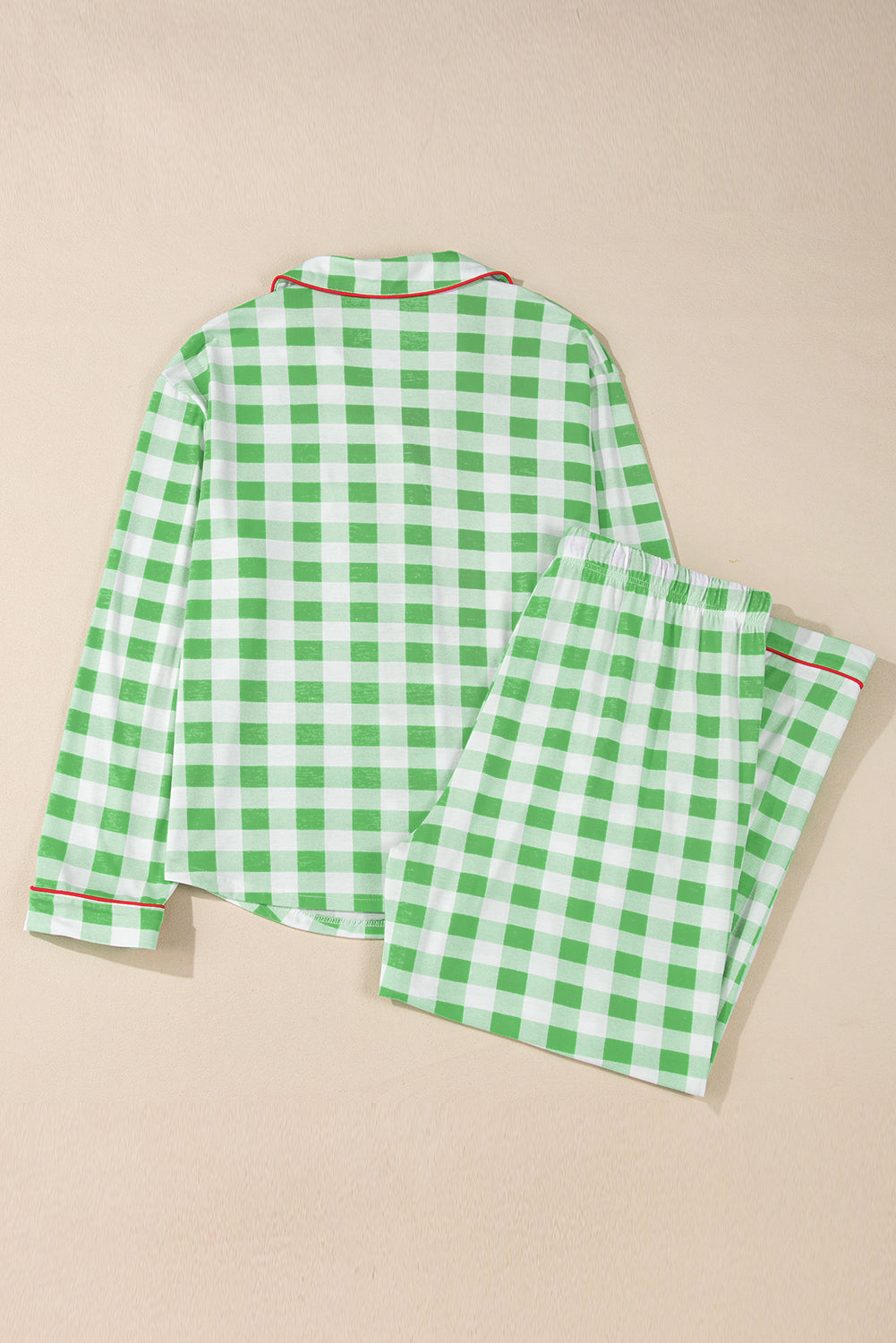 Green Plaid Holiday Print Piping Trim Long Sleeve Pajama Set