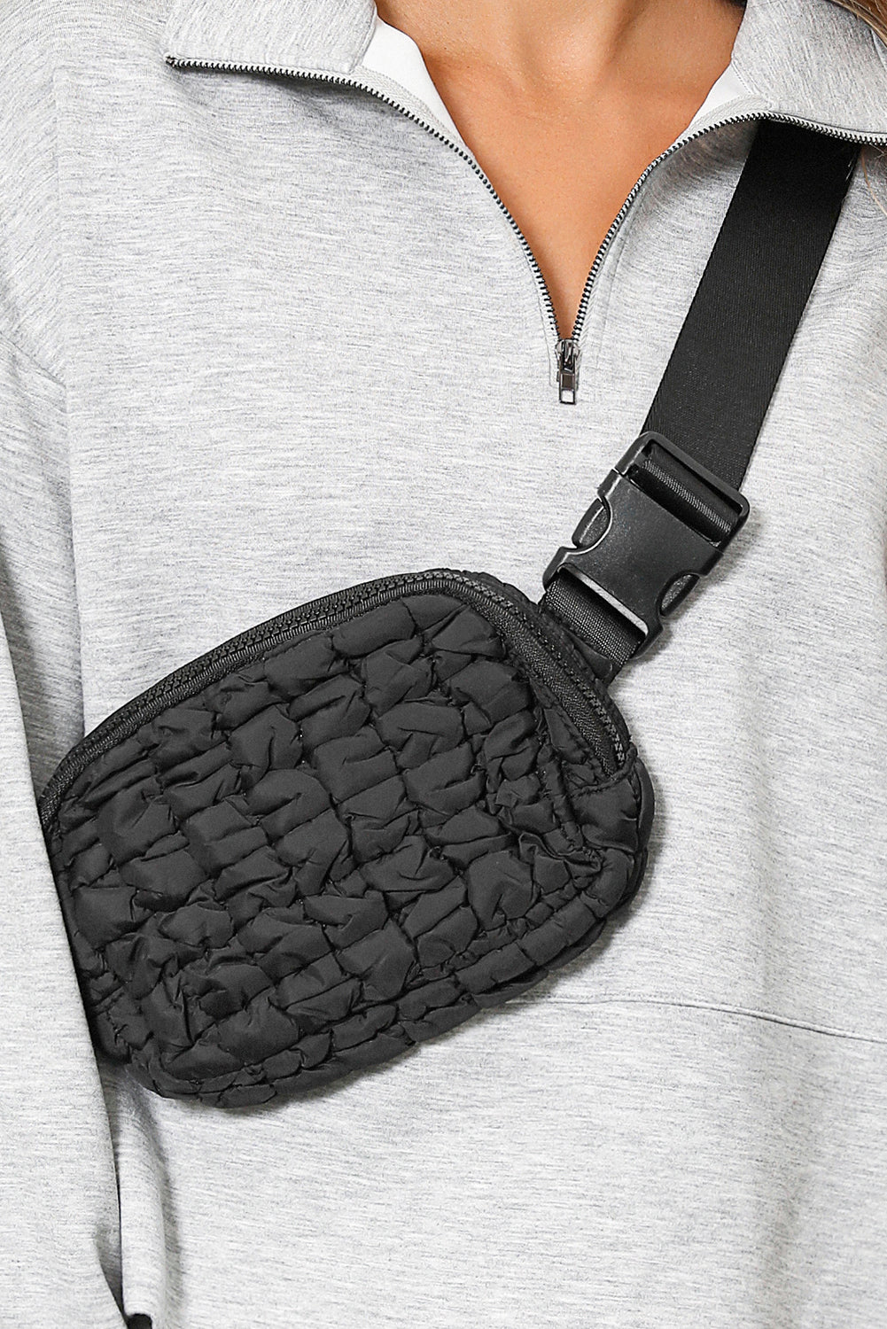 Black Quilted Puffer Buckle Strap Crossbody Bag