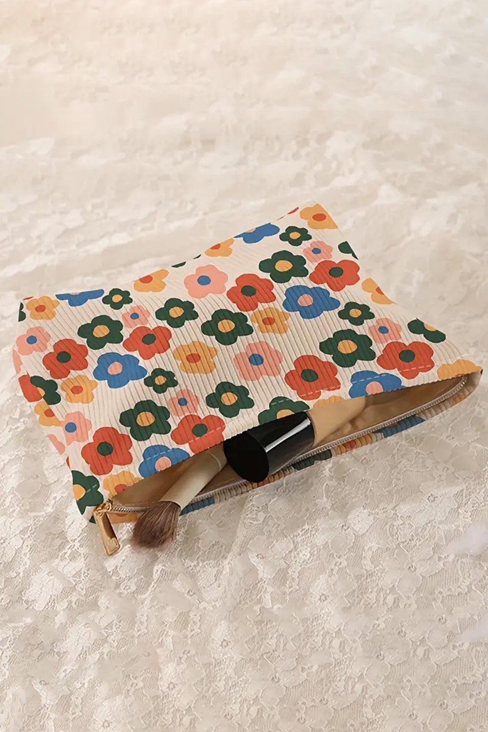 Black Colorful Flower Printed Rib Textured Cosmetic Bag