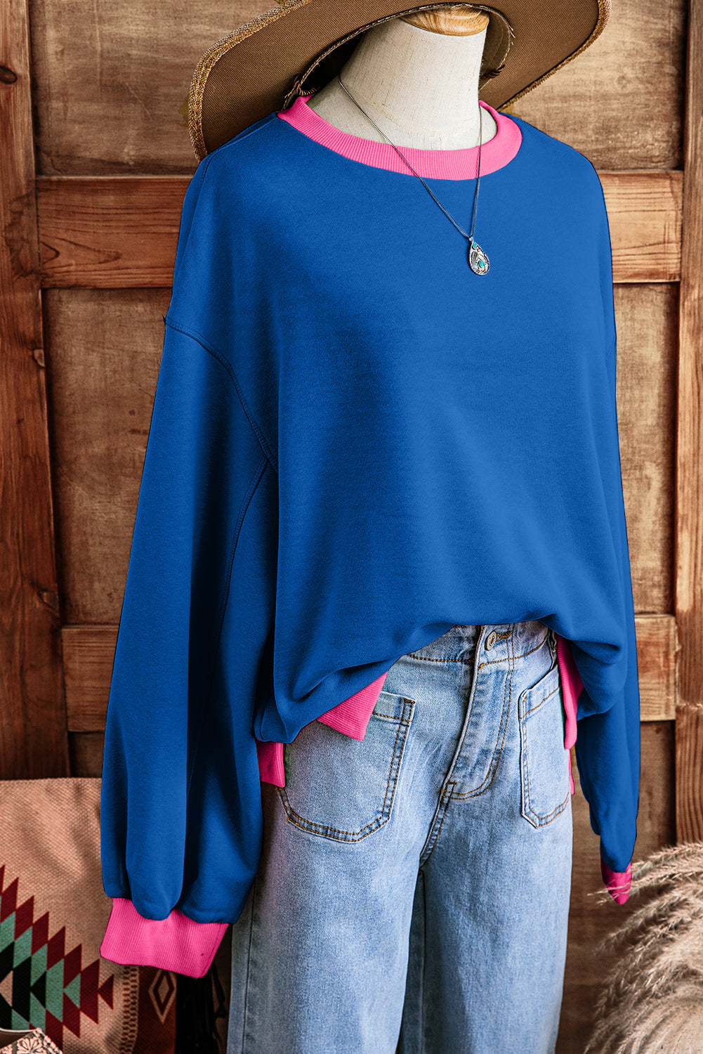 Blue Contrast Trim Bubble Sleeve Sweatshirt