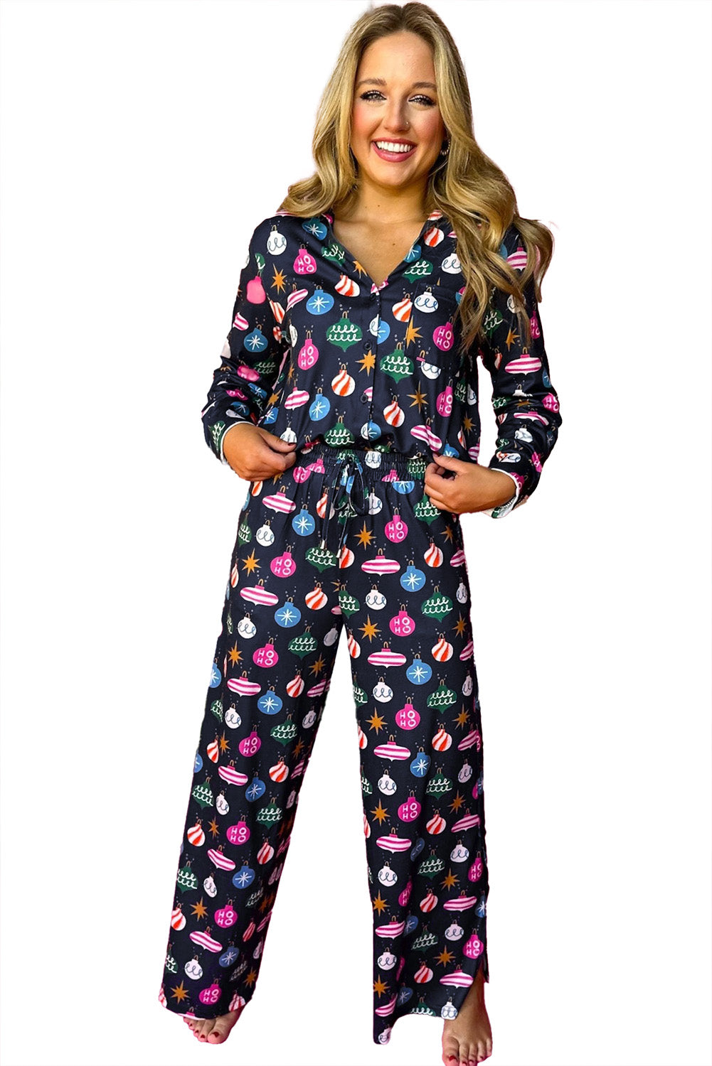 Colorful Christmas Lights Print Shirt and Pants Pajama Set