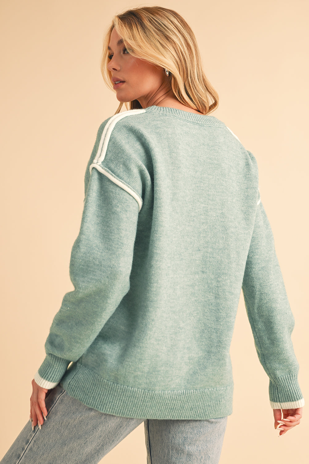 Moonlight Jade Contrast Edge Crewneck Knit Sweater