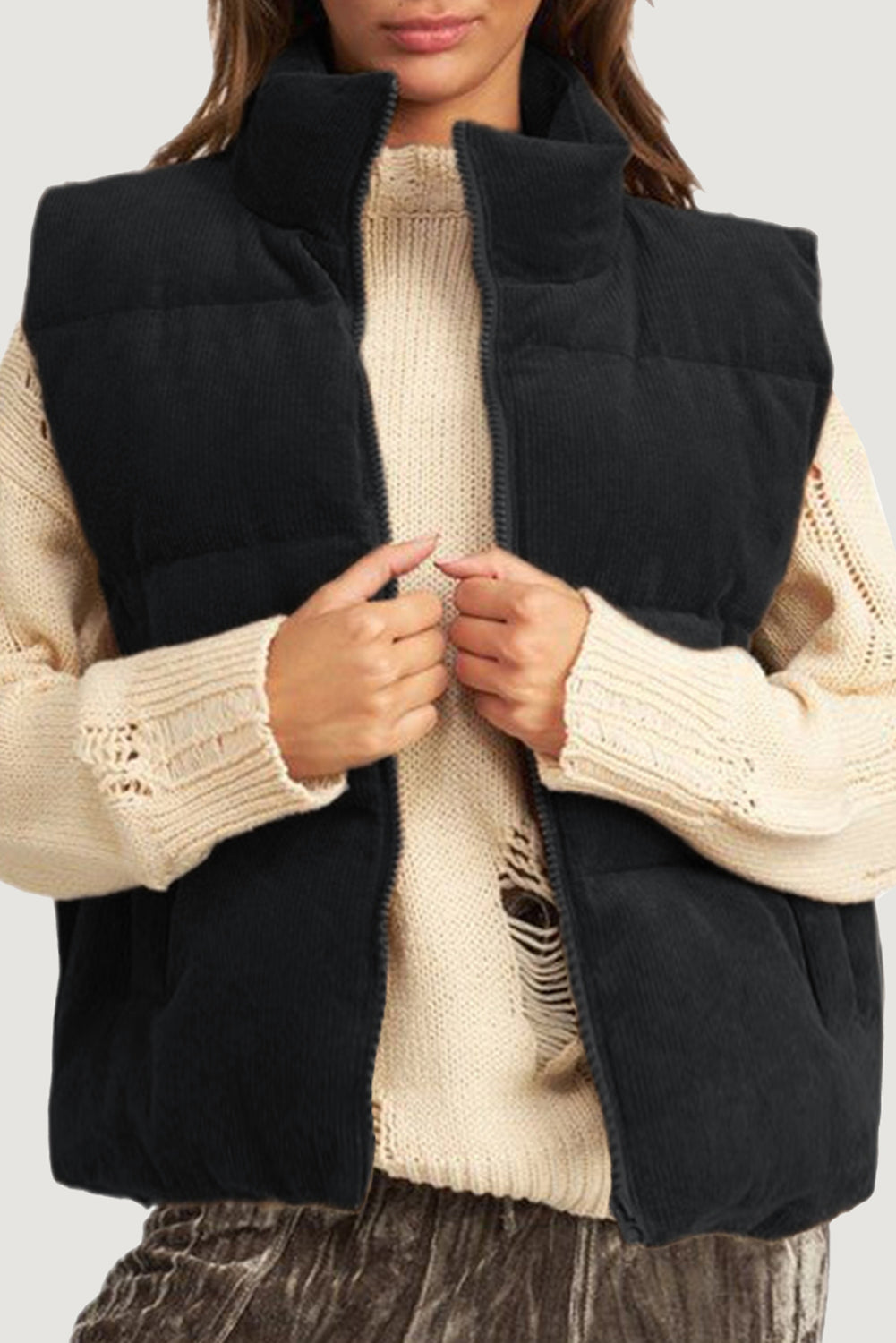 Coffee Solid Color Corduroy Puffer Vest Coat