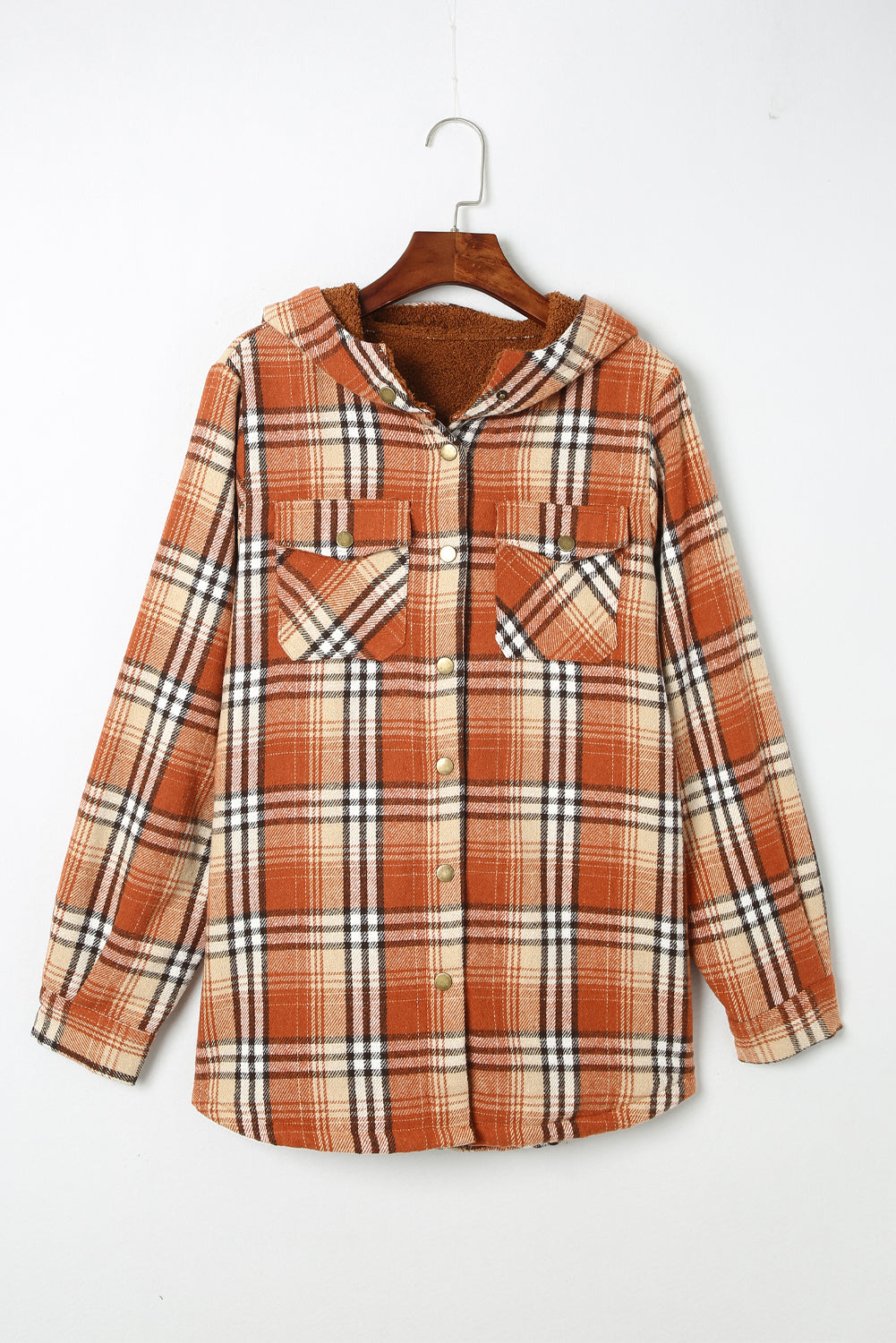 Snap Button Sherpa Lined Hooded Flannel Jacket