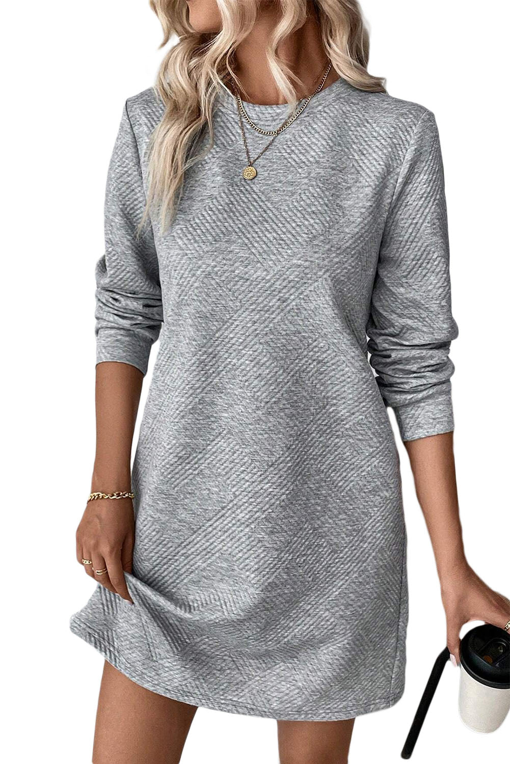 Solid Color Textured Long Sleeve Shift Short Dress