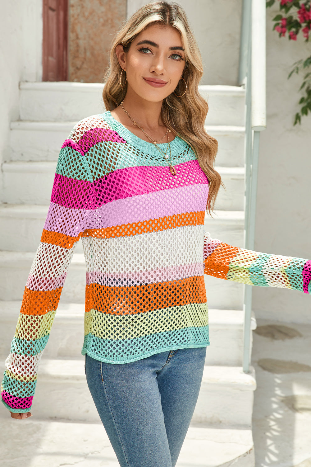 Green Colorblock Striped Hollow Knitted Top