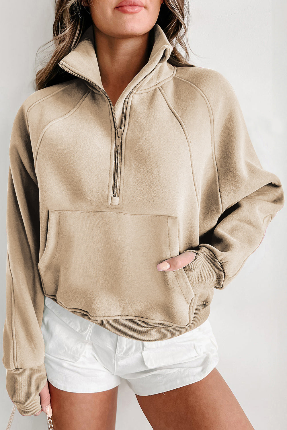 Zip Up Stand Collar Thumbhole Sleeve Sweatshirt