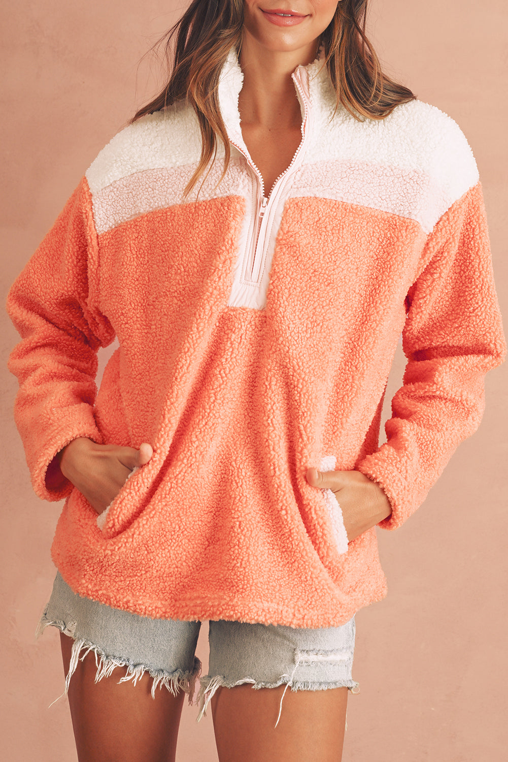 Orange Colorblock Zipper Stand Neck Sherpa Sweatshirt