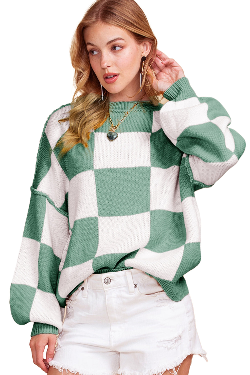 Checkered Bishop Sleeve Pullover Sweater