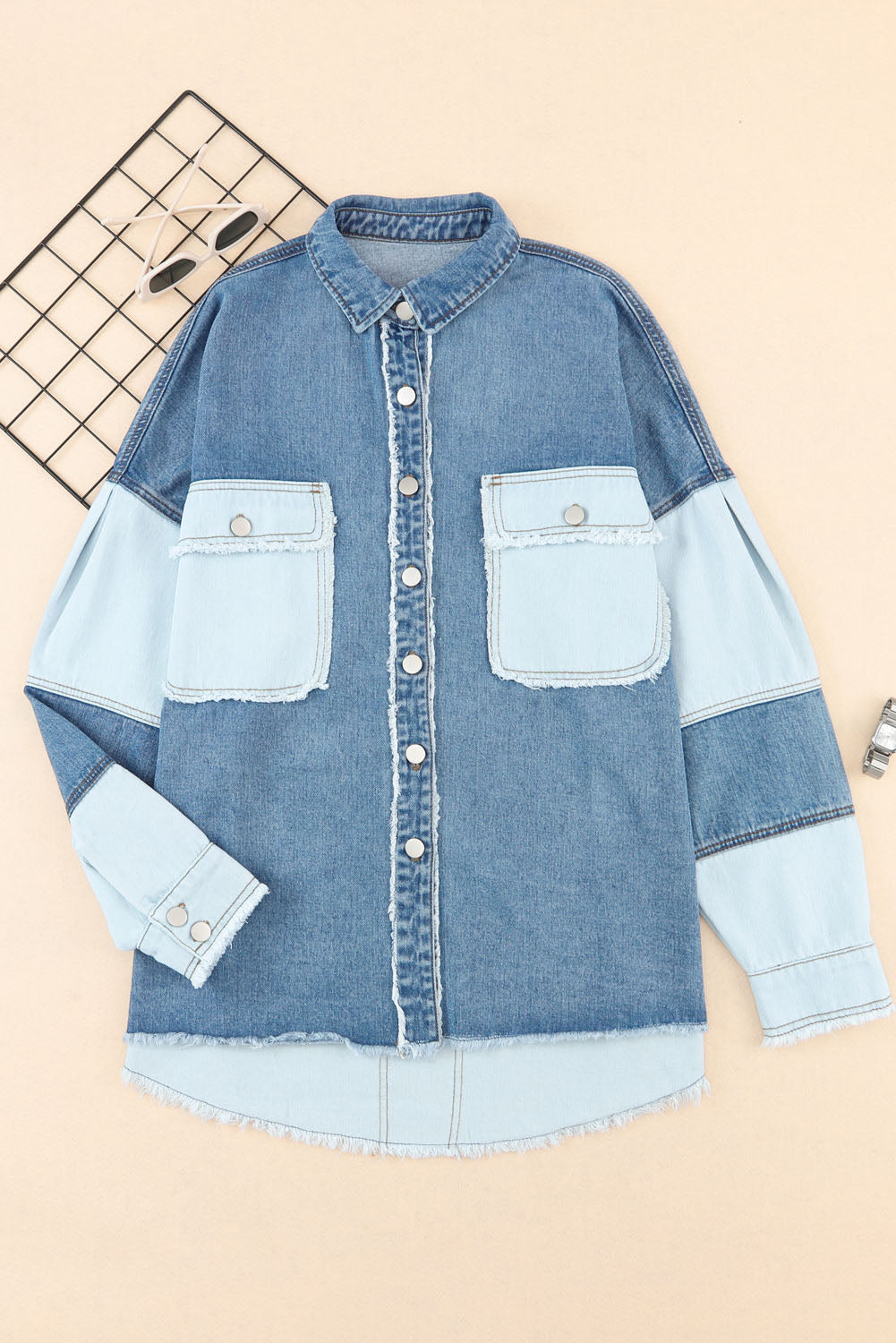 Patchwork Raw Hem Oversized Denim Shacket