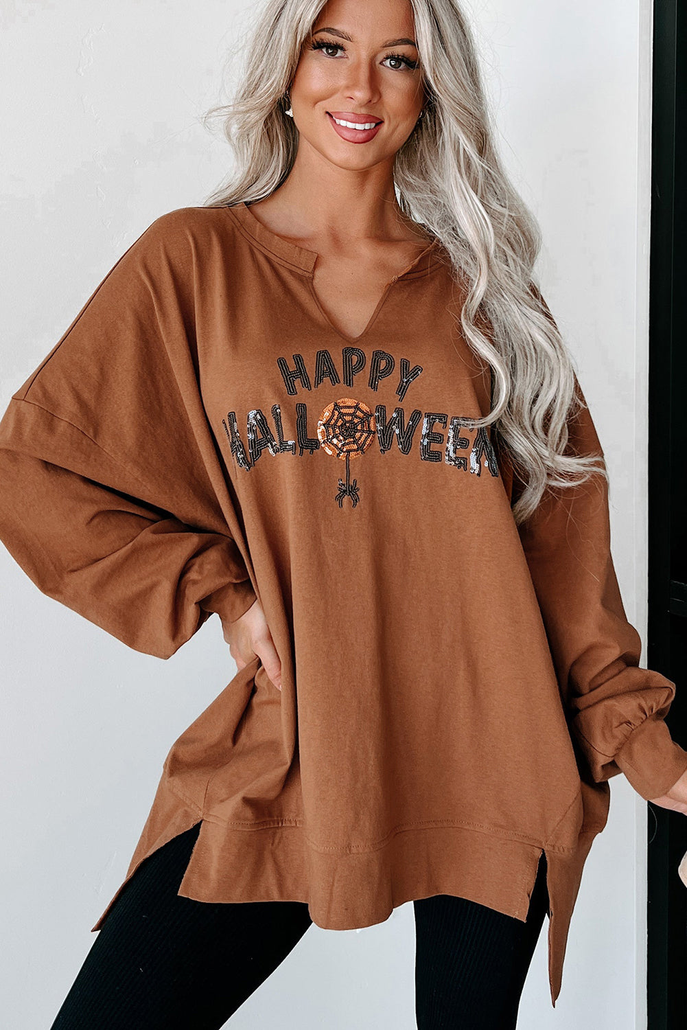 Medium Grey Sequin Happy Halloween Graphic Notched Neck Loose Top