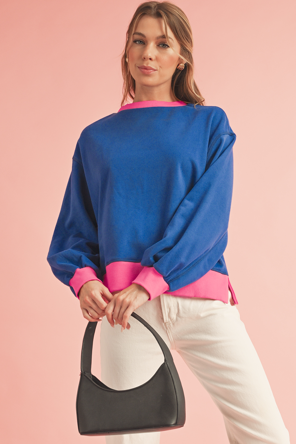 Blue Contrast Trim Bubble Sleeve Sweatshirt