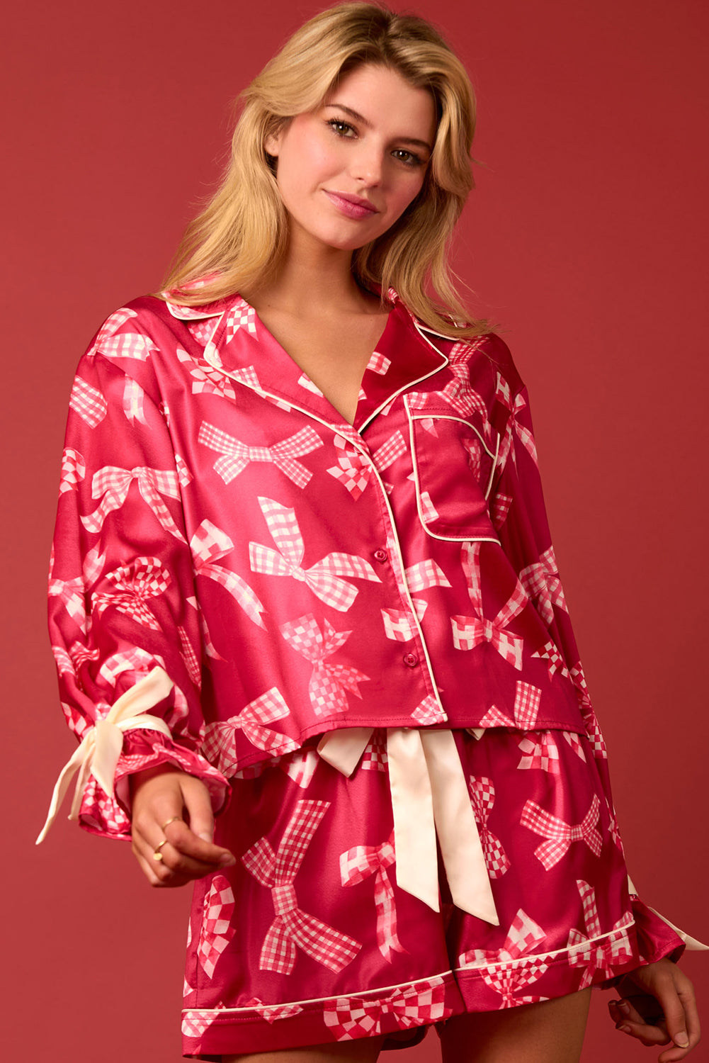 Red Bow Long Sleeve And Shorts Pajama Set