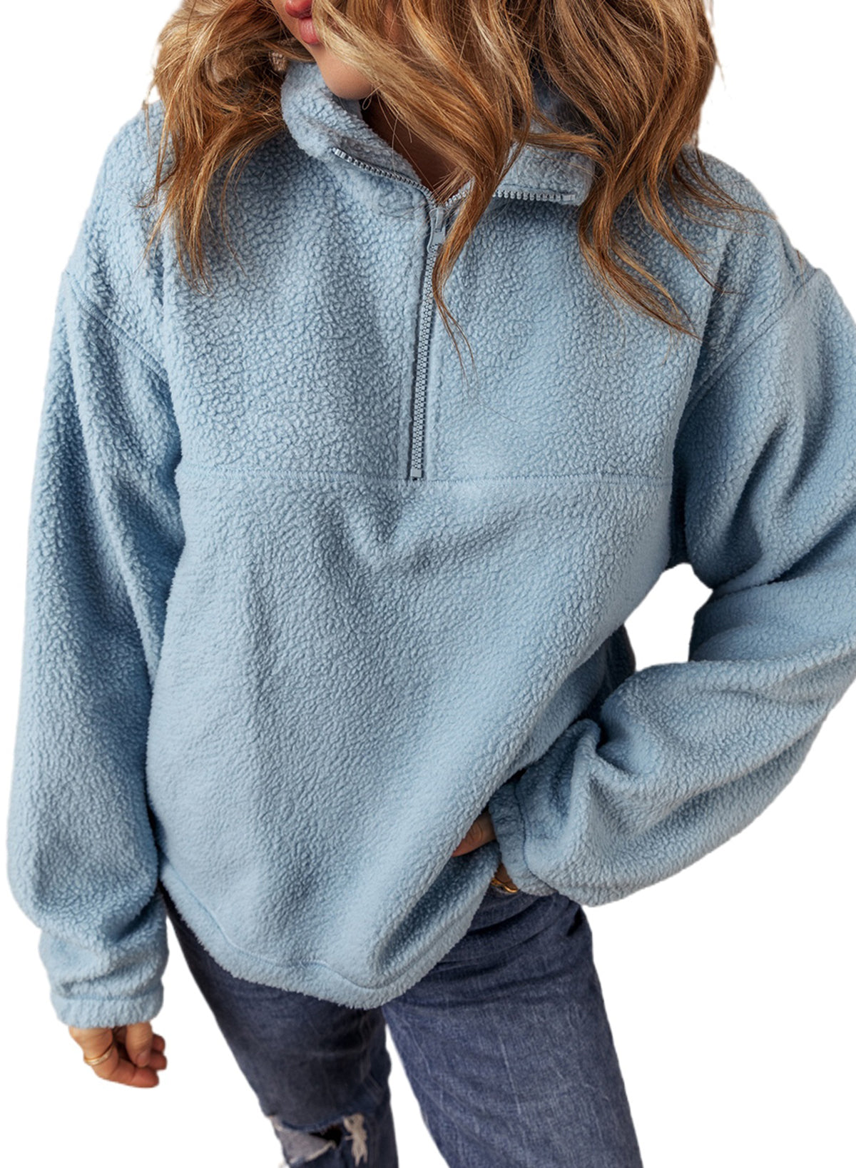 Myosotis Collared Zipper Drop Shoulder Fleece Sweatshirt