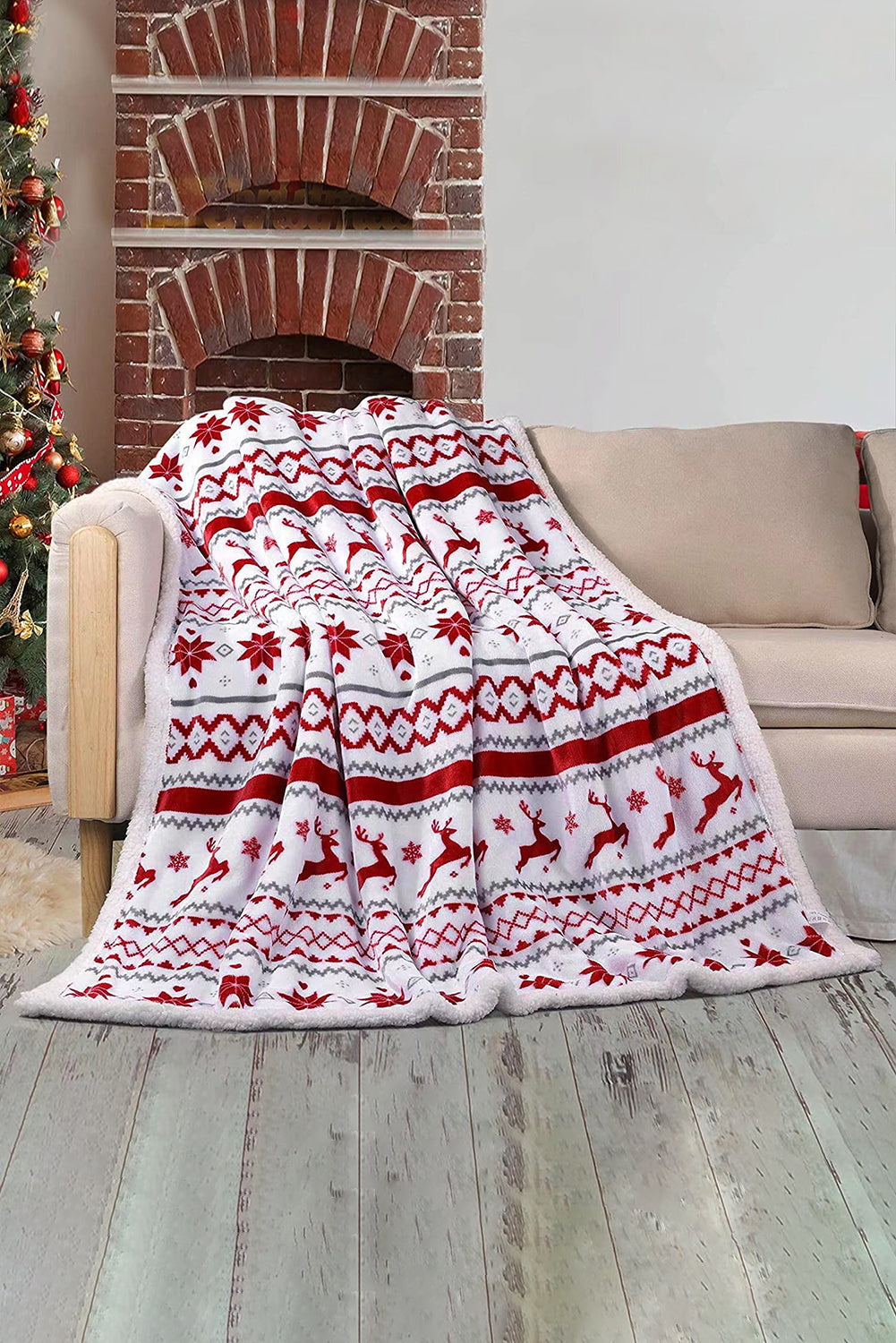 Snow White Christmas Reindeer Snowflake Printed Sherpa Blanket