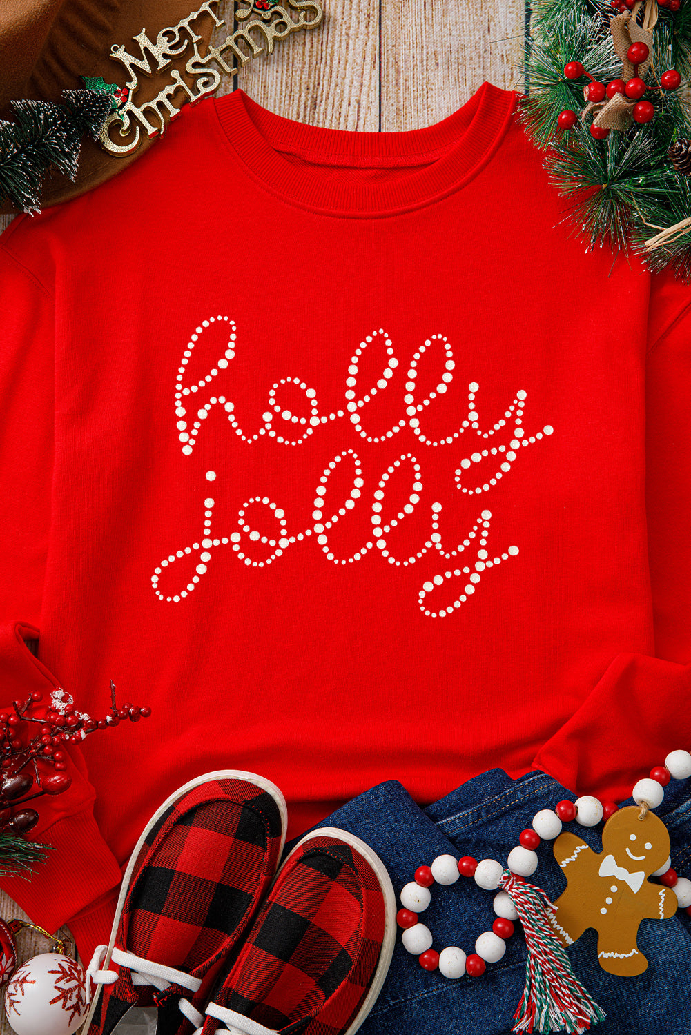 Red Rhinestone Christmas holly jolly Crewneck Sweatshirt