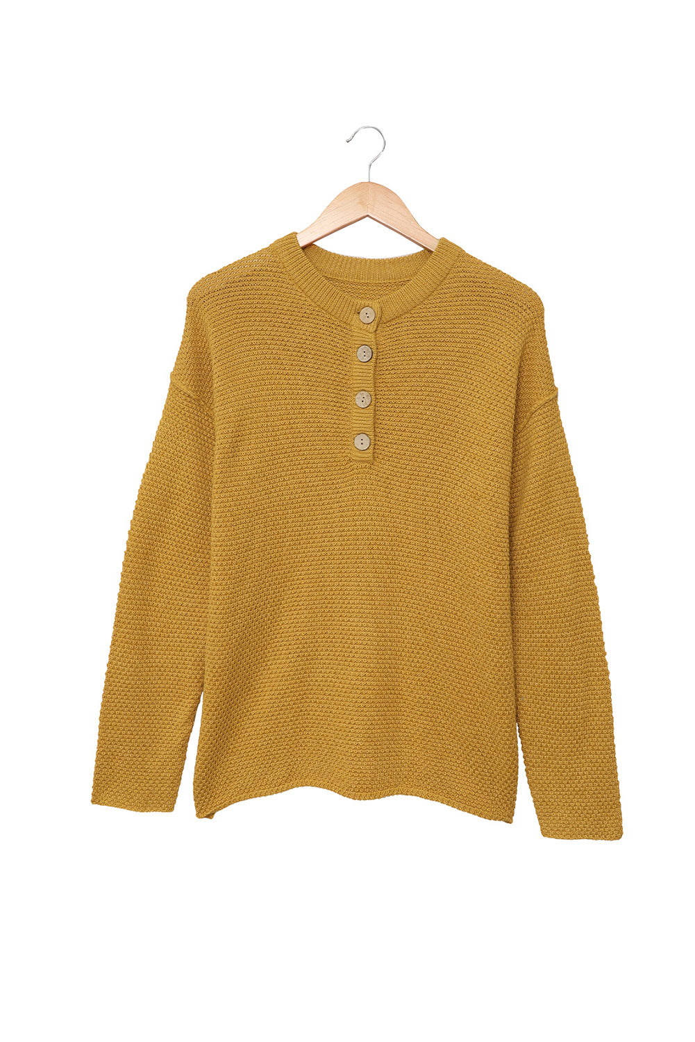 Yellow Drop Shoulder Henley Pullover Sweater With Slits