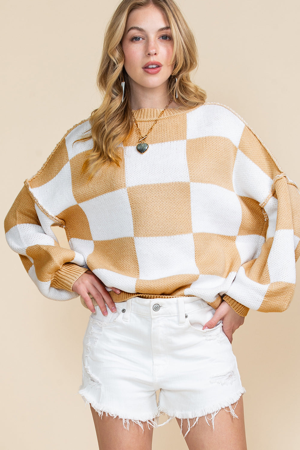 Checkered Bishop Sleeve Pullover Sweater