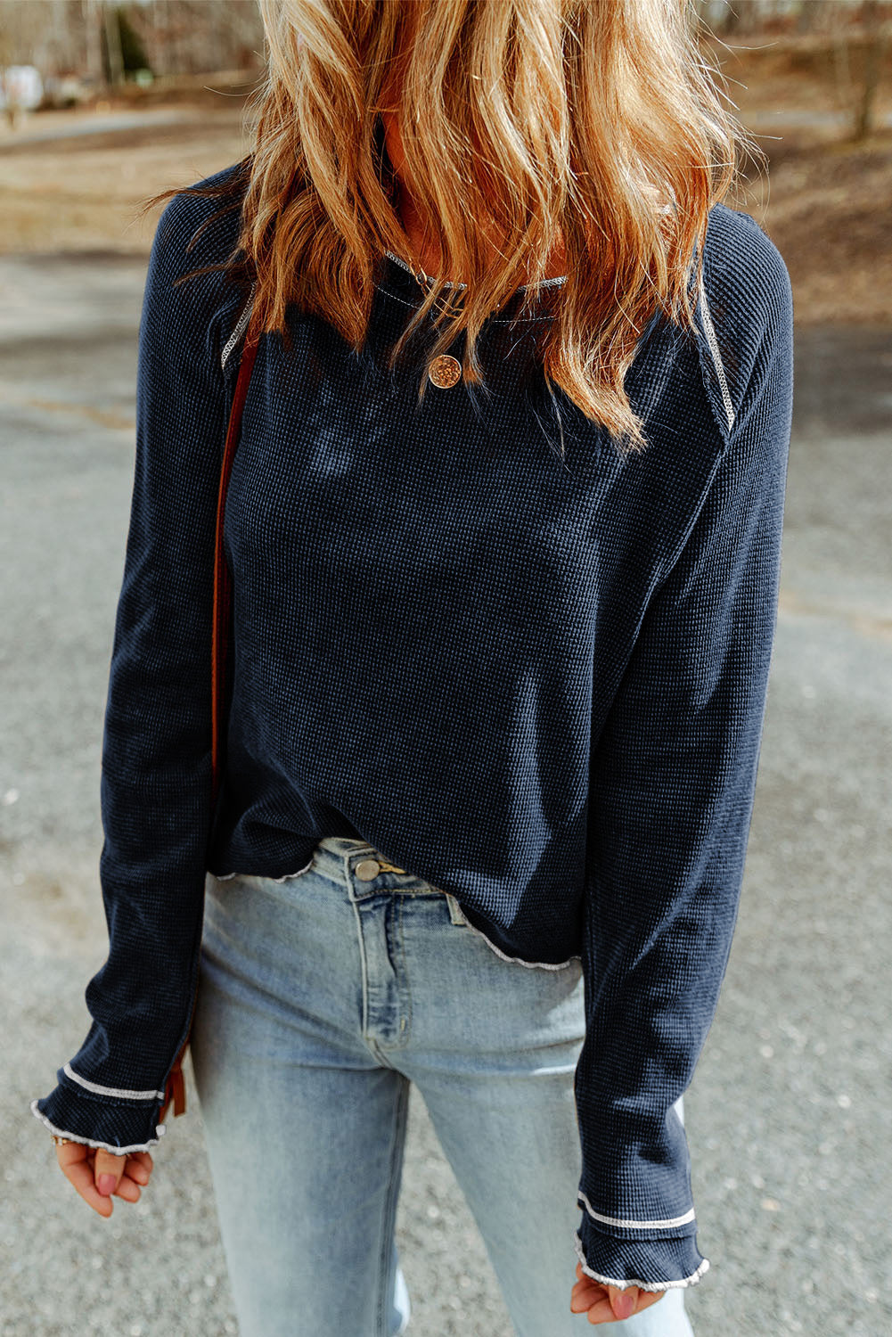 Textured Crewneck Long Sleeve Top