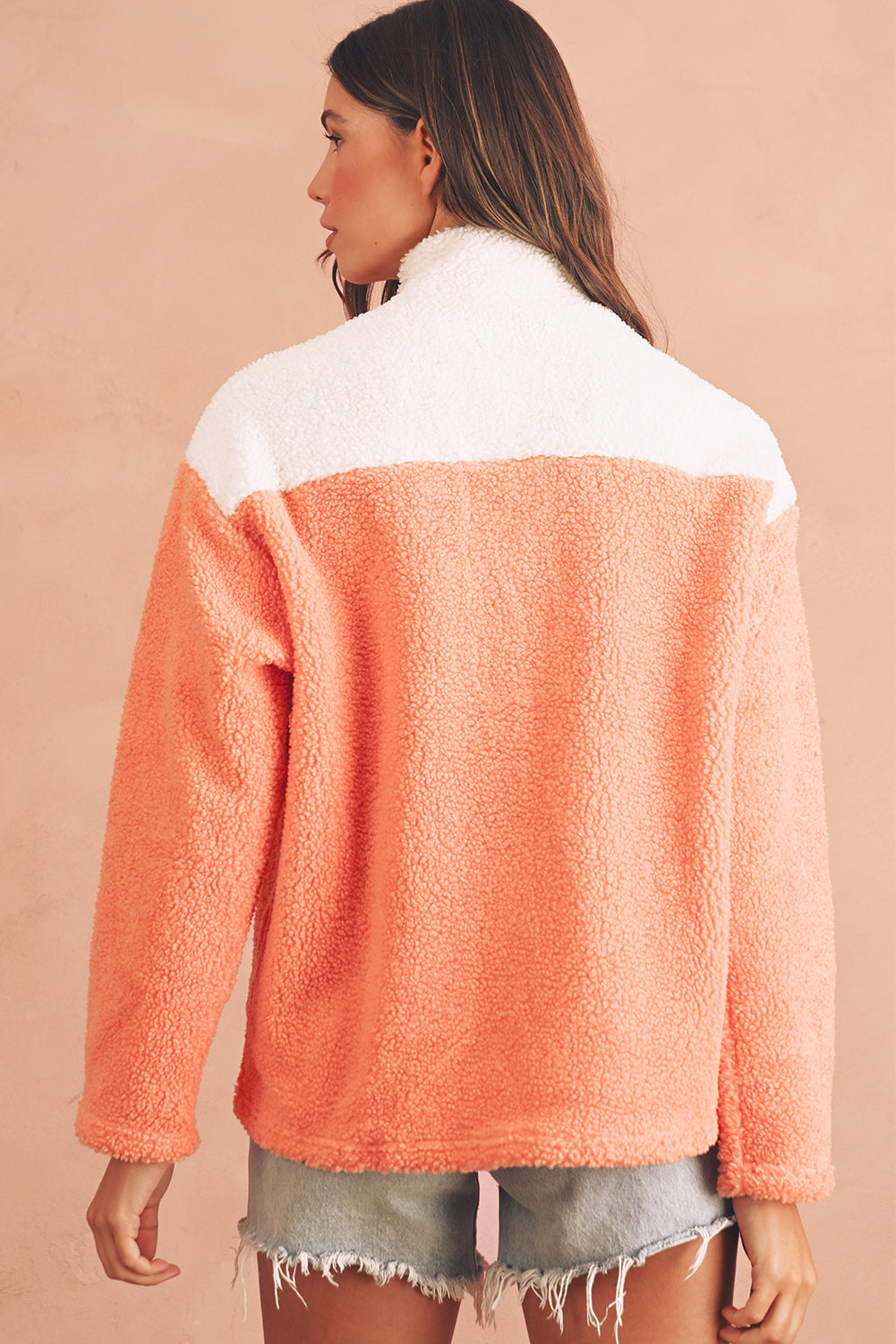 Orange Colorblock Zipper Stand Neck Sherpa Sweatshirt