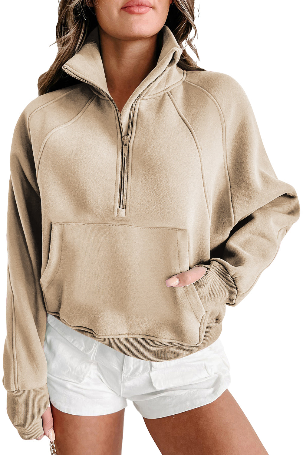 Zip Up Stand Collar Thumbhole Sleeve Sweatshirt