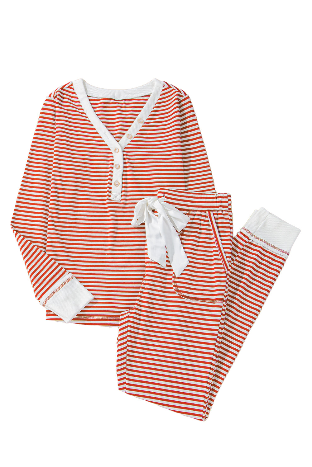 Striped Buttoned V Neck Top and Knotted Waist Pants Pajama Set