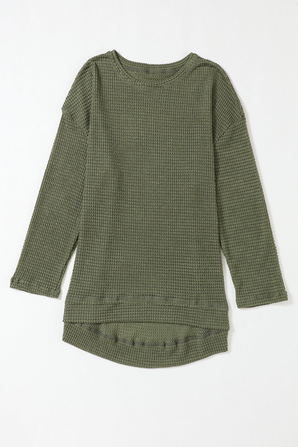 Green Waffle Knit Drop Sleeve High Slits Oversized Top