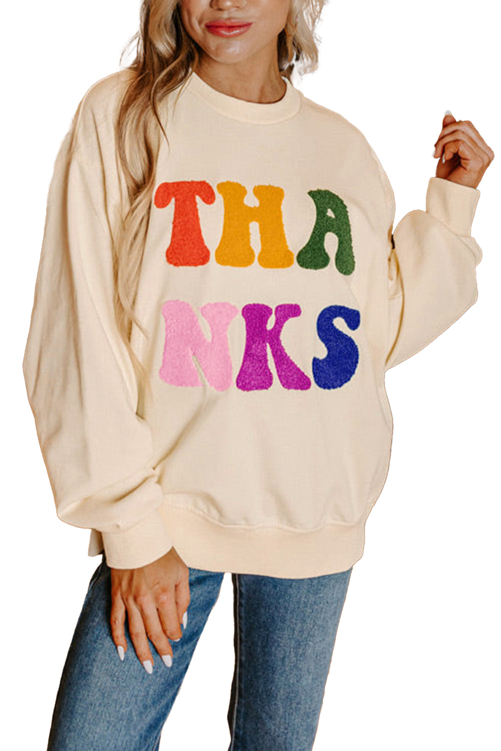 THANKS Chenille Drop Shoulder Sweatshirt