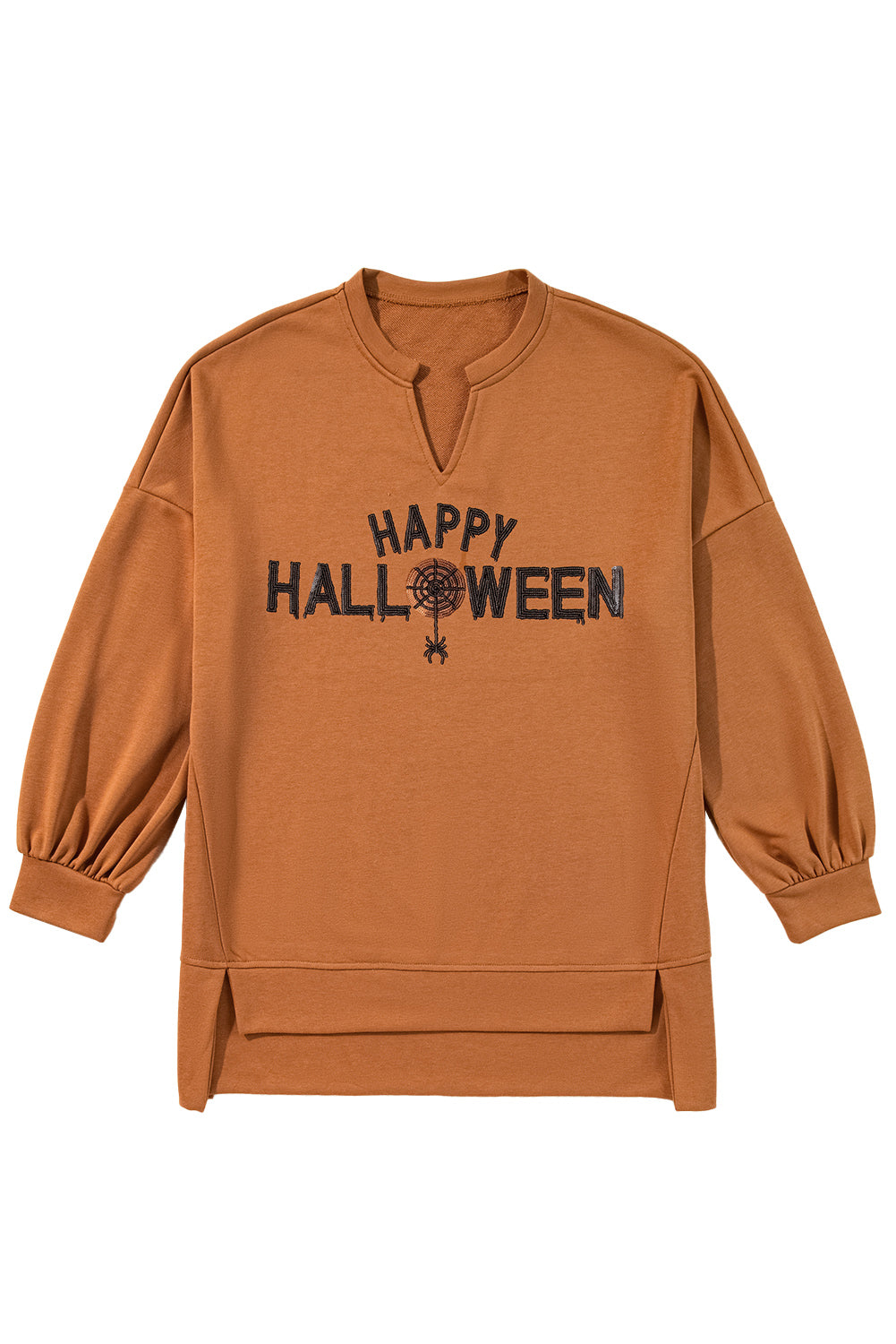 Medium Grey Sequin Happy Halloween Graphic Notched Neck Loose Top