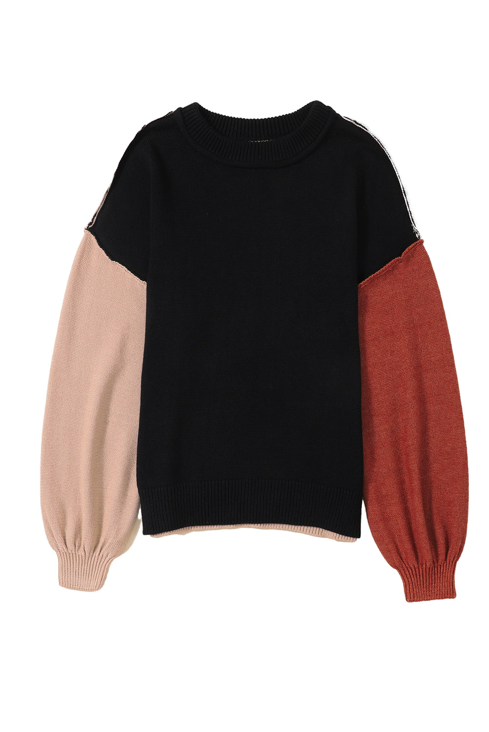 Gray Colorblock Bishop Sleeve Exposed Seam Ribbed Sweater