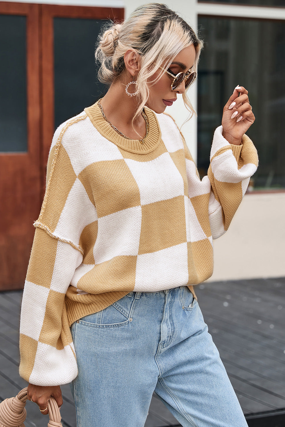 Checkered Bishop Sleeve Pullover Sweater