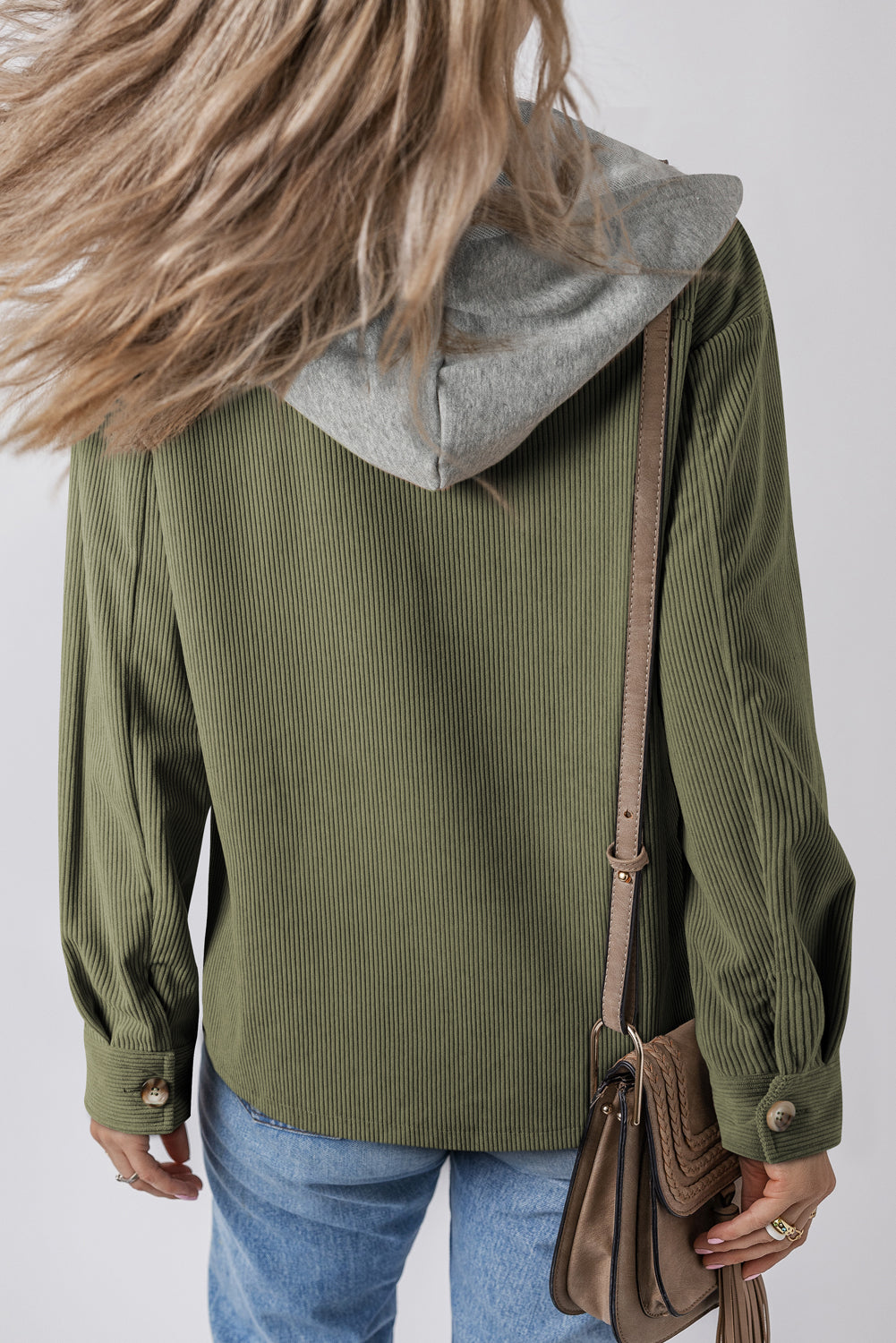 Pale Khaki Pockets Drawstring Hooded Corduroy Shacket