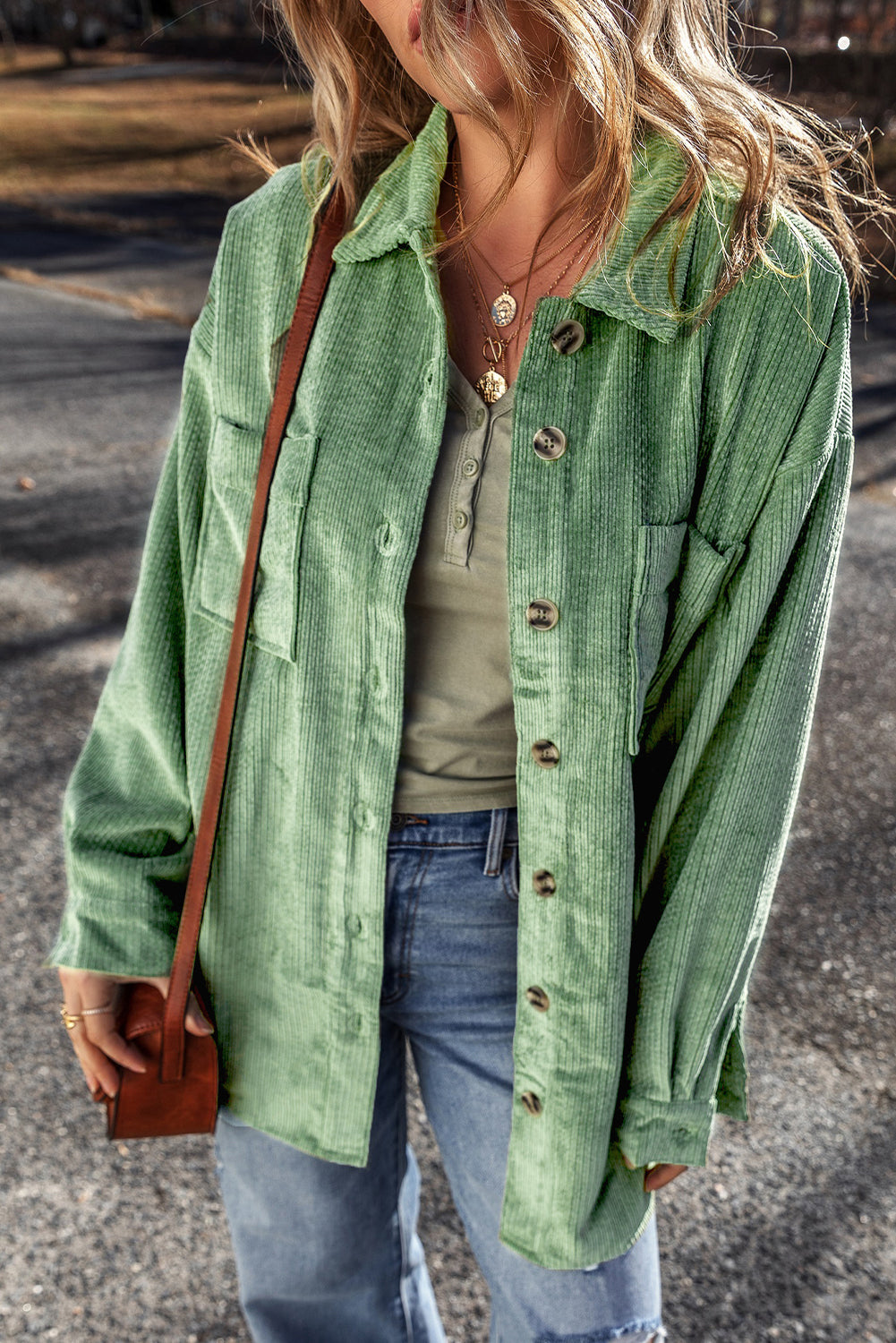 Light French Beige Patched Pocket Button-Up Corduroy Shacket