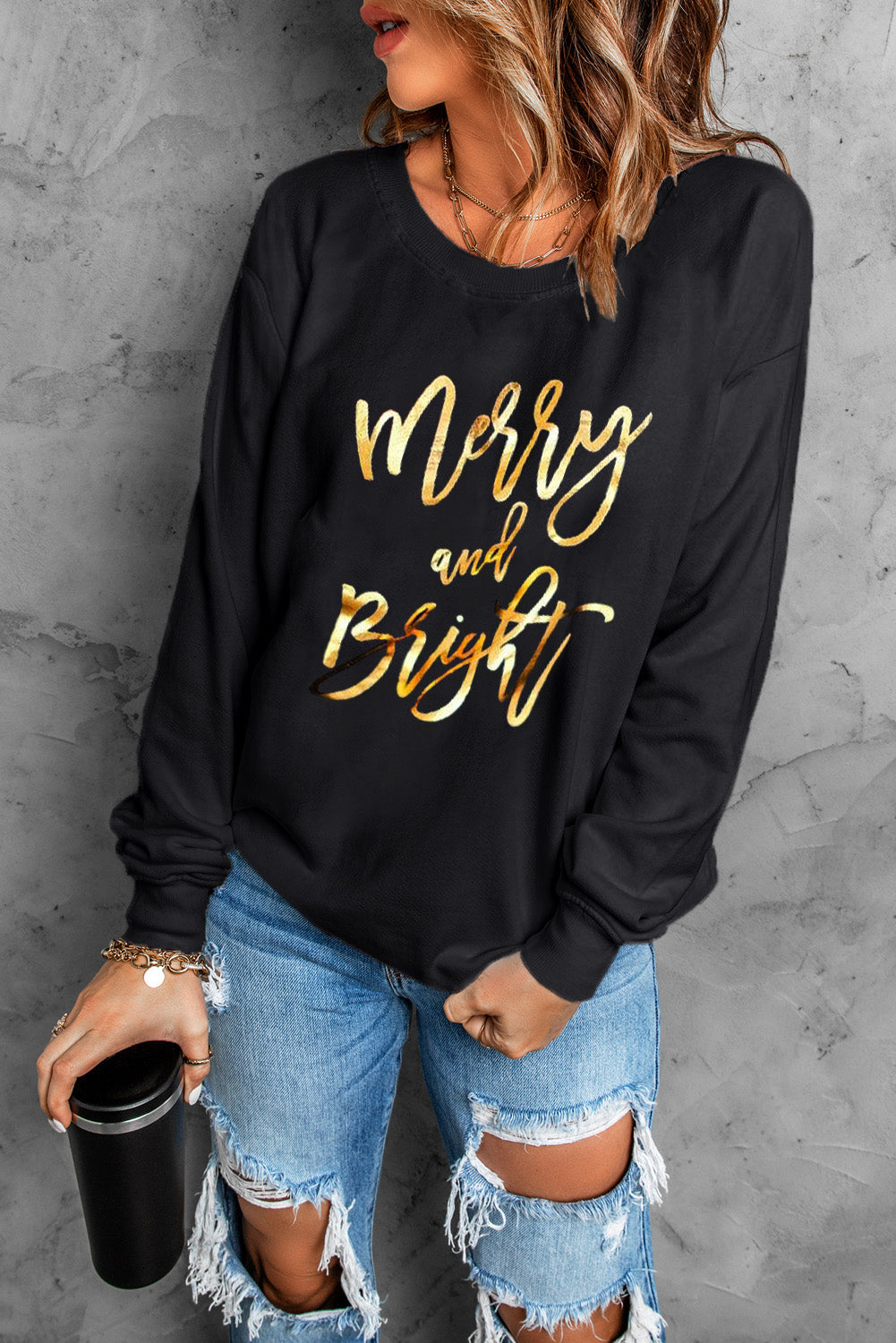 Black Christmas Merry & Bright Letter Graphic Pullover Sweatshirt